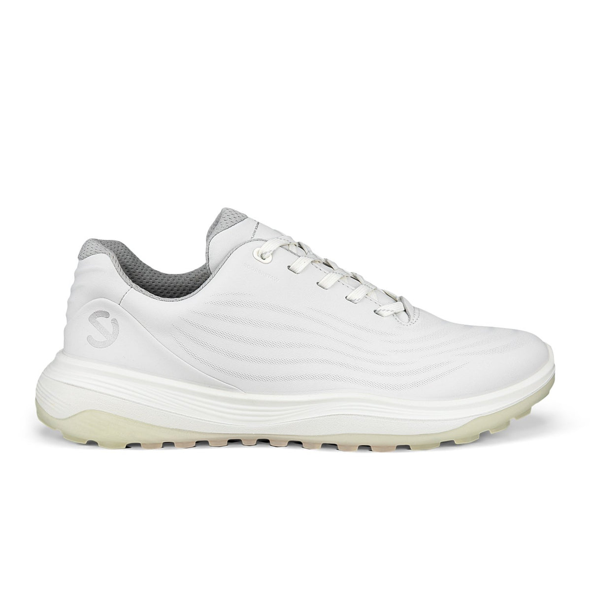 ECCO Golf LT1 Dam ultralätt spikeless golfsko i vitt och bubblegum med snörning, sedd från sidan