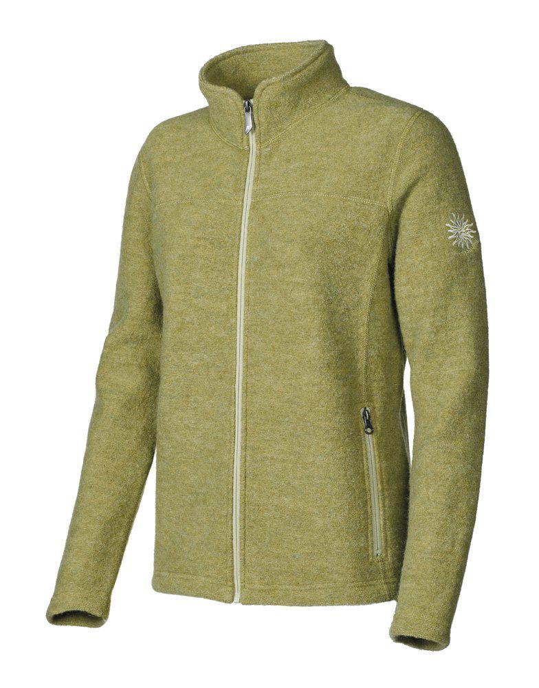 Ivanhoe Beata full zip kofta, närbild på filtad ull och vävd svensk flagga
