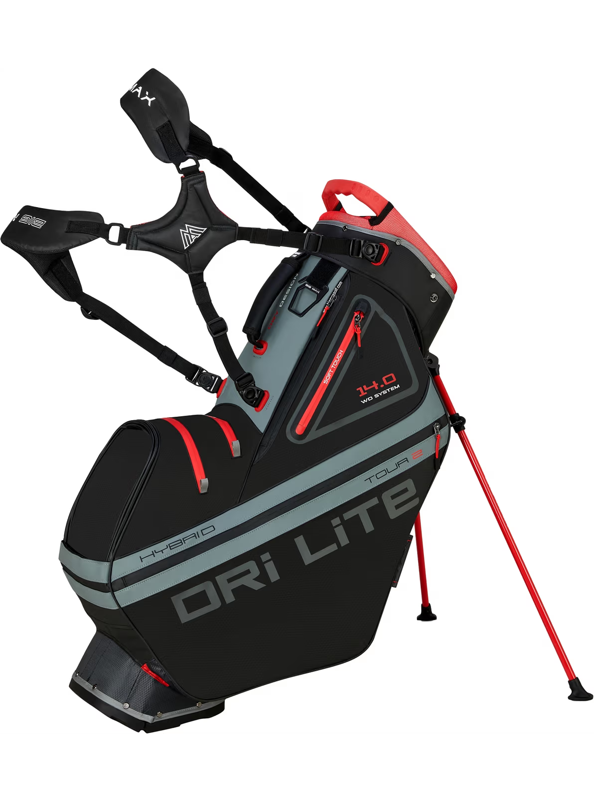 BIG MAX Dri Lite Hybrid Tour 2 golfbag i svart, grått och rött, sedd framifrån