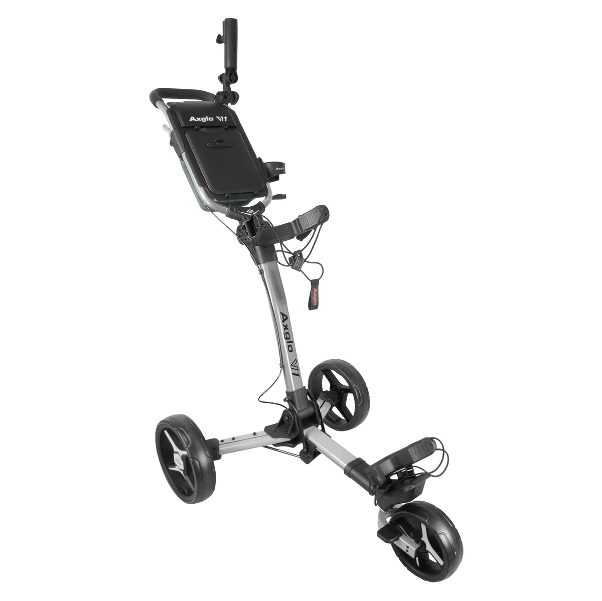 Axglo V1 pushvagn i silver och grått, uppfälld med förvaringskonsoler