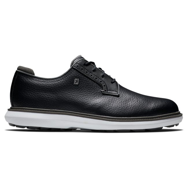 FootJoy FJ Traditions Spikeless Blucher golfsko herr i svart, grått och vitt läder, sedd från sidan