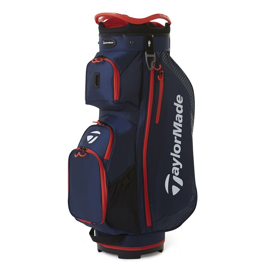 TaylorMade Pro Cart vagnbag i blått och rött med 14-delad topp, sedd från sidan