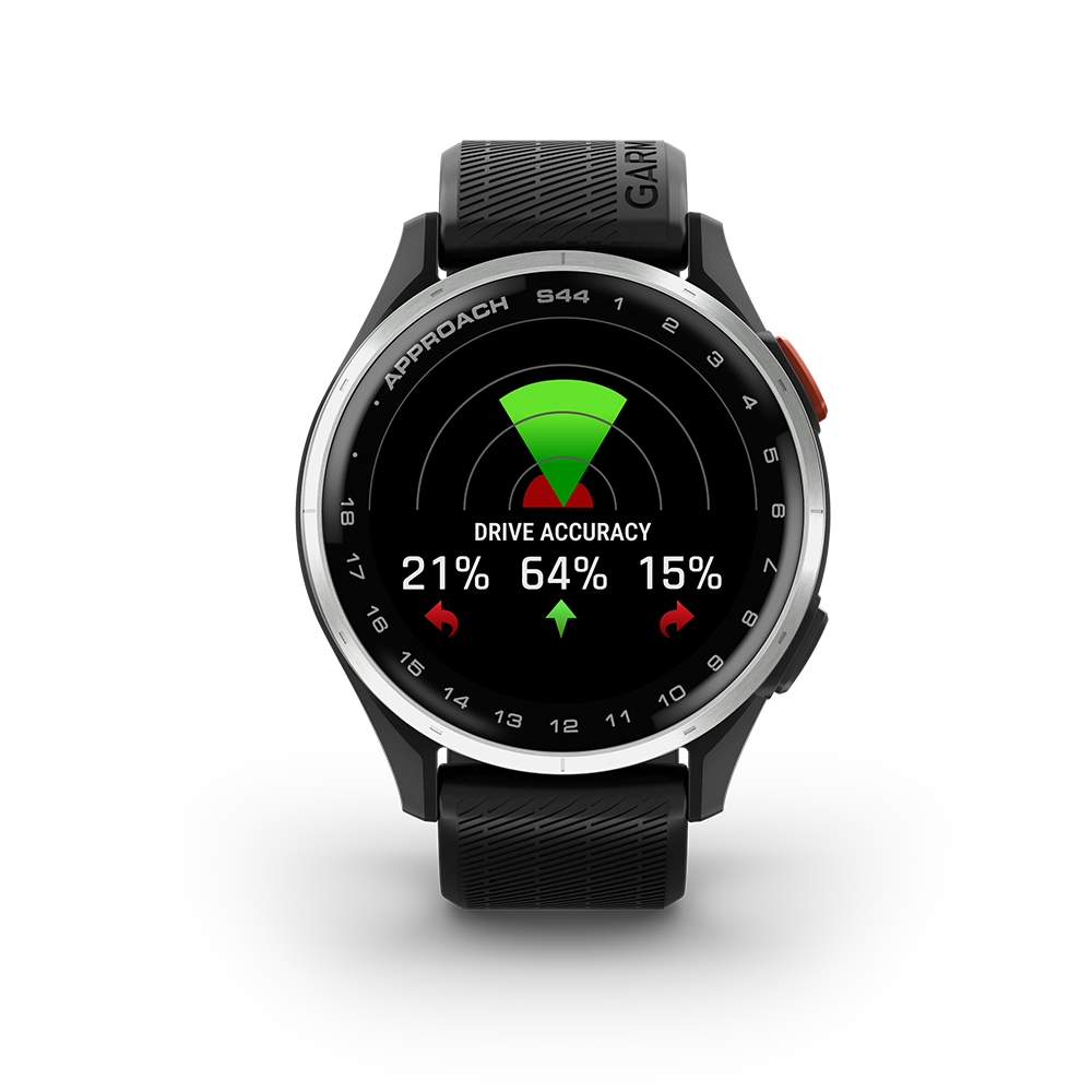 Garmin Approach S44 svart golfklocka med AMOLED-skärm och bankarta
