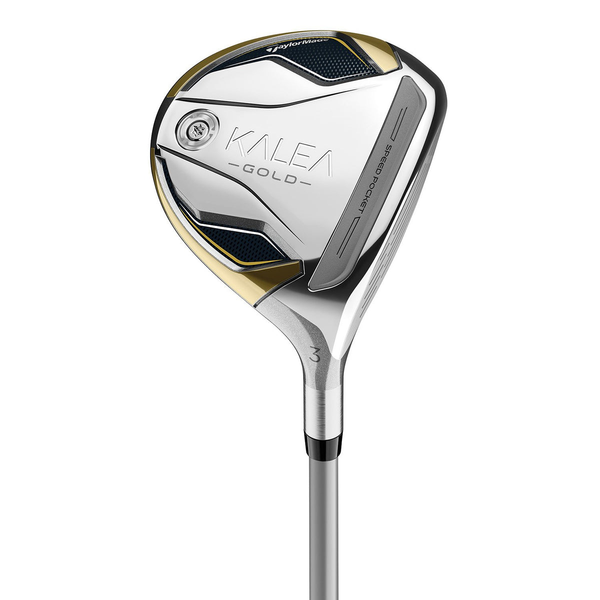 TaylorMade Kalea Gold damfairwaywood, klubbhuvudet sett snett framifrån