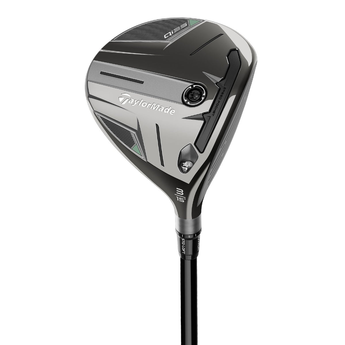TaylorMade Qi35 fairwaywood, klubbhuvudet sett snett framifrån
