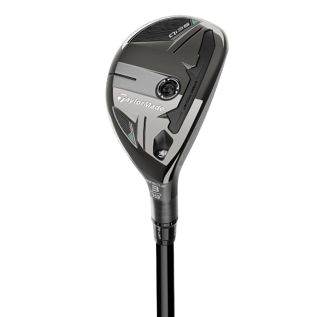 TaylorMade Qi35 hybrid, klubbhuvudet sett snett framifrån