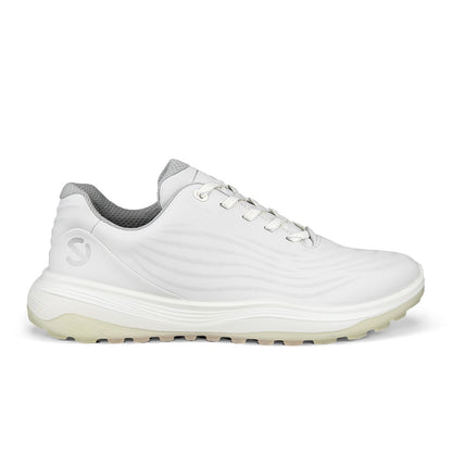 ECCO Golf LT1 Dam ultralätt spikeless golfsko i vitt och bubblegum med snörning, sedd från sidan