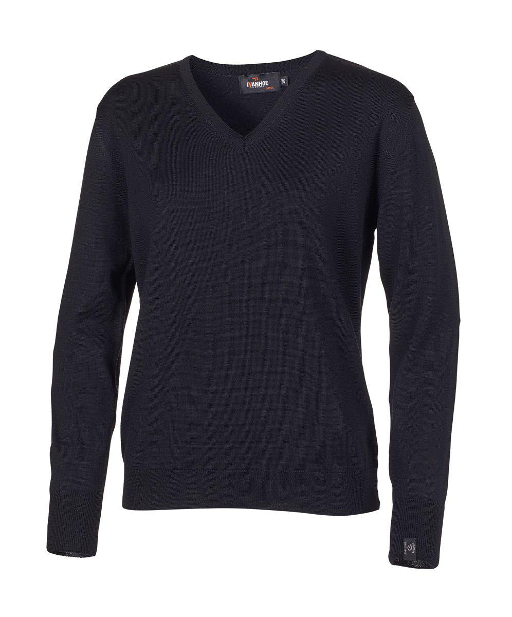Ivanhoe Merino V-neck dam merinotröja, detalj på V-ringning