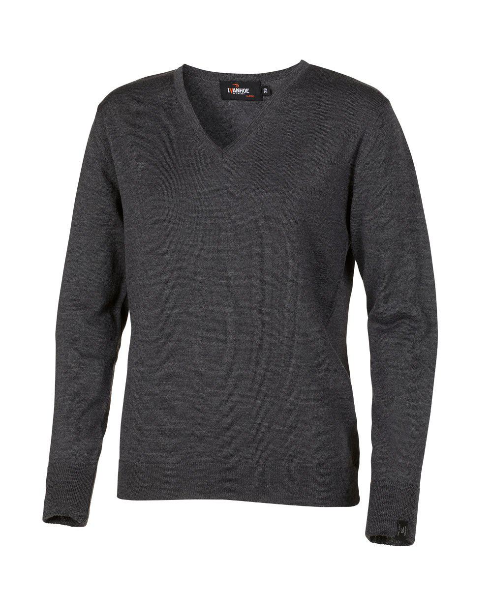 Ivanhoe Merino V-neck dam, detalj på stickning och logga på ärmen