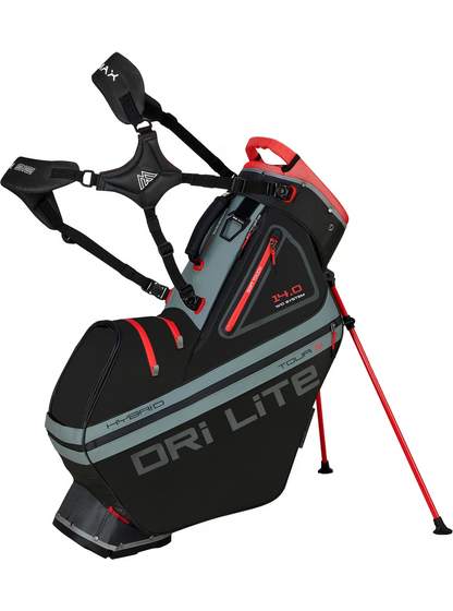BIG MAX Dri Lite Hybrid Tour 2 golfbag i svart, grått och rött, sedd framifrån