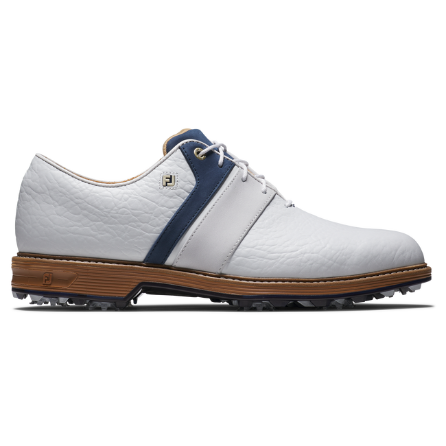 FootJoy Premiere Series Packard LX golfsko herr i vitt och blått exklusivt läder, sedd från sidan