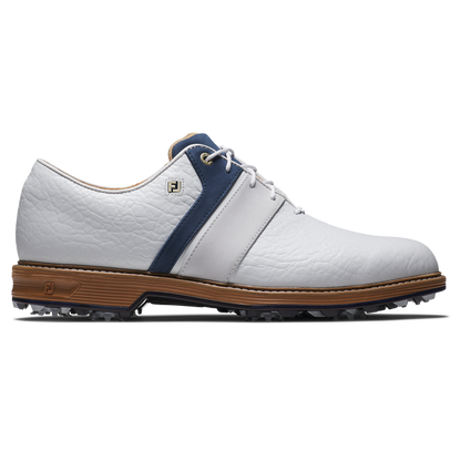 FootJoy Premiere Series Packard LX golfsko herr i vitt och blått exklusivt läder, sedd från sidan