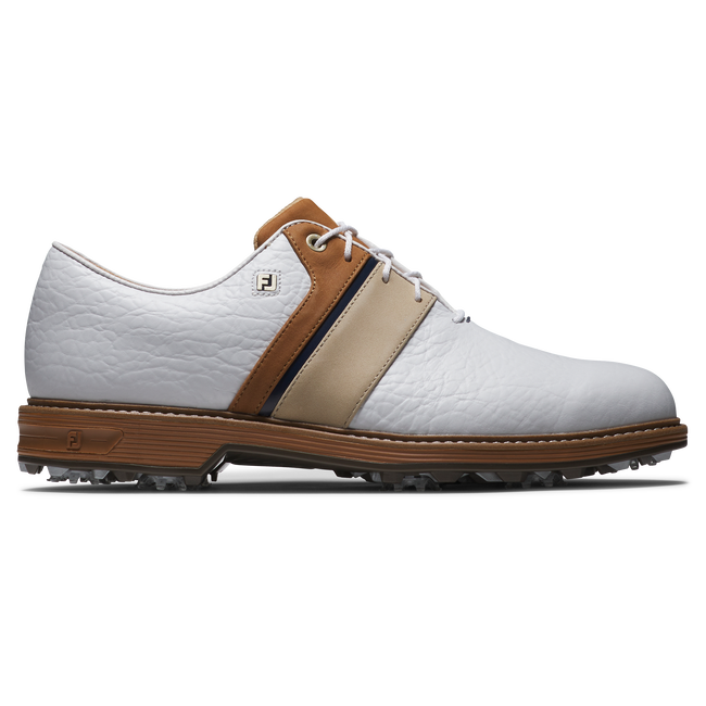 FootJoy Premiere Series Packard LX golfsko herr i vitt, blått och brunt exklusivt läder, sedd från sidan