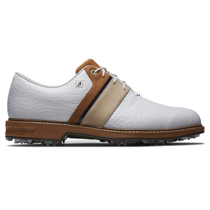 FootJoy Premiere Series Packard LX golfsko herr i vitt, blått och brunt exklusivt läder, sedd från sidan