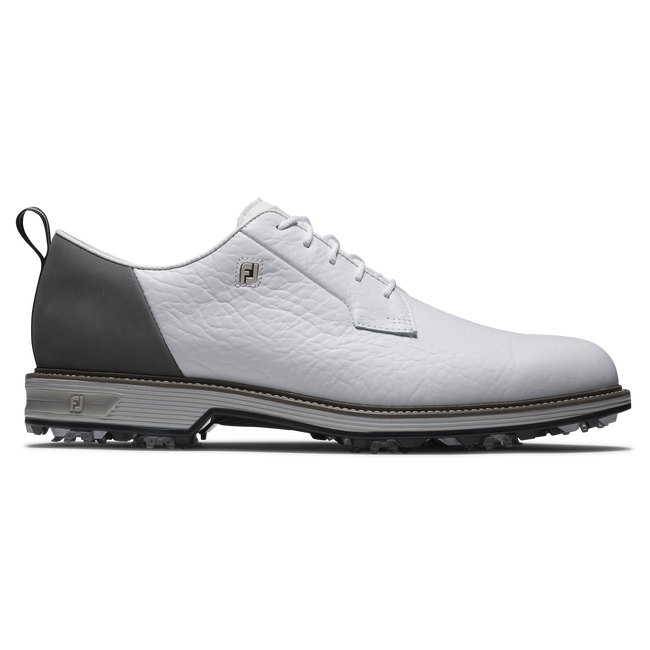 FootJoy Premiere Series Field spikeless golfsko herr i vitt och grått läder, sedd från sidan