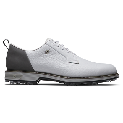 FootJoy Premiere Series Field spikeless golfsko herr i vitt och grått läder, sedd från sidan