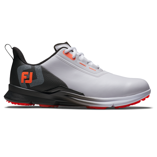 FootJoy FJ Fuel spikeless golfsko herr i vitt, svart och rött, sedd från sidan