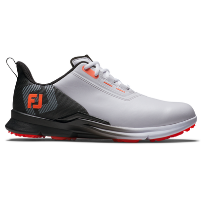 FootJoy FJ Fuel spikeless golfsko herr i vitt, svart och rött, sedd från sidan