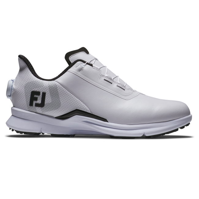 FootJoy FJ Fuel BOA spikeless golfsko herr i vitt och grått med BOA-vred, sedd från sidan