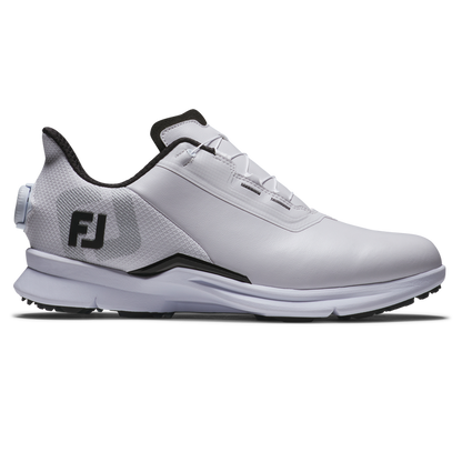 FootJoy FJ Fuel BOA spikeless golfsko herr i vitt och grått med BOA-vred, sedd från sidan