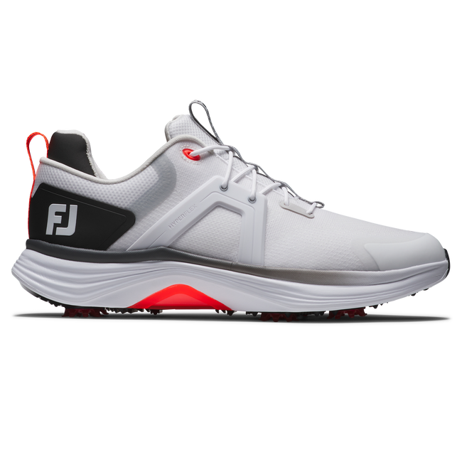 FootJoy Hyperflex vattentät golfsko herr i vitt, svart och rött med stickad ControlKNIT-ovandel, sedd från sidan