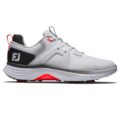 FootJoy Hyperflex vattentät golfsko herr i vitt, svart och rött med stickad ControlKNIT-ovandel, sedd från sidan