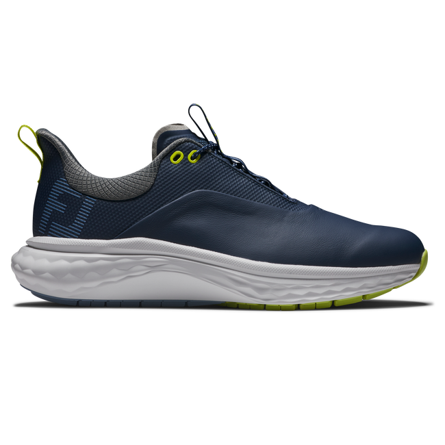 FootJoy FJ Quantum spikeless golfsko herr i blått, vitt och lime, sedd från sidan