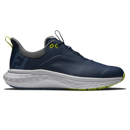 FootJoy FJ Quantum spikeless golfsko herr i blått, vitt och lime, sedd från sidan