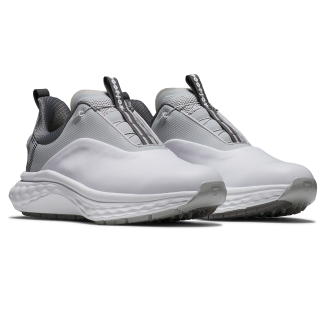 FootJoy FJ Quantum BOA golfsko herr, närbild på BOA-vred och läderovandel