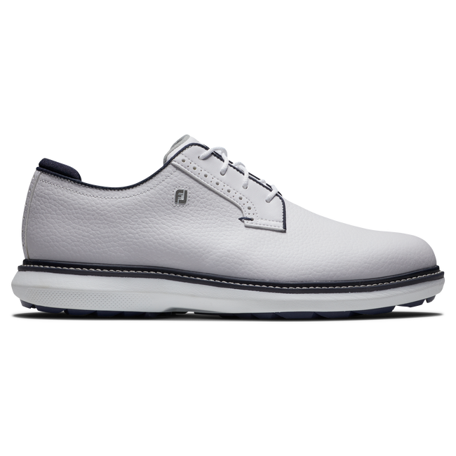 FootJoy FJ Traditions Spikeless Blucher golfsko herr i vitt och blått läder, sedd från sidan