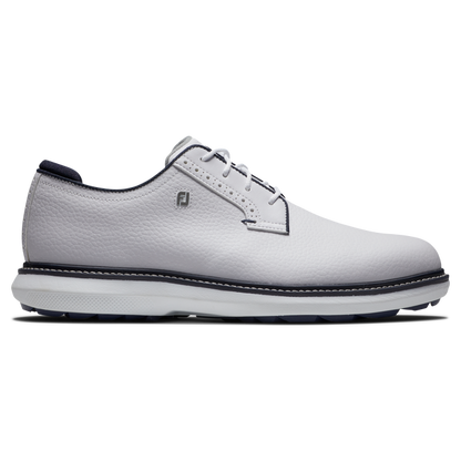 FootJoy FJ Traditions Spikeless Blucher golfsko herr i vitt och blått läder, sedd från sidan