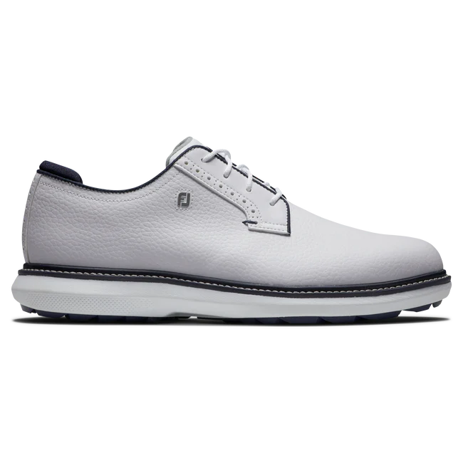 FootJoy FJ Traditions Spikeless klassisk golfsko herr i vitt och blått läder, sedd från sidan