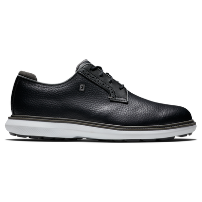 FootJoy FJ Traditions Spikeless Blucher golfsko herr i svart, grått och vitt läder, sedd från sidan