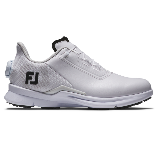 FootJoy FJ Fuel BOA Dam spikeless golfsko i vitt, svart och grått, sedd från sidan