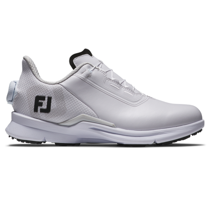 FootJoy FJ Fuel BOA Dam spikeless golfsko i vitt, svart och grått, sedd från sidan