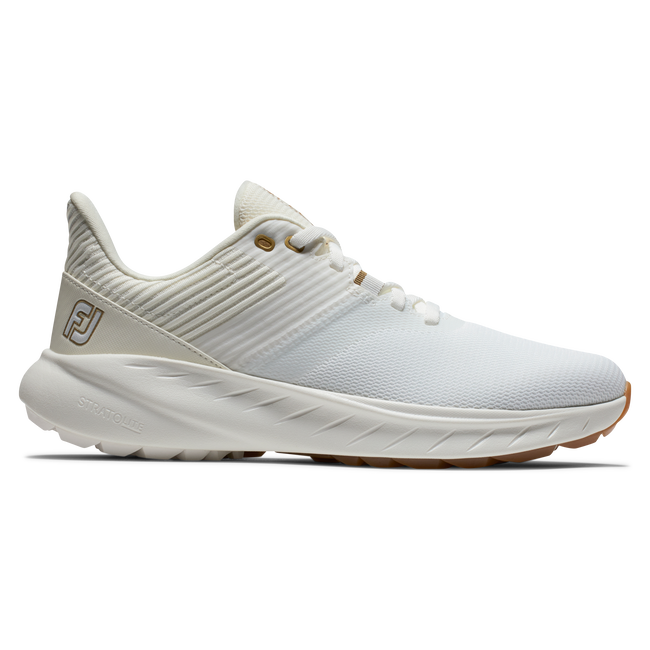 FootJoy FJ Flex Dam spikeless golfsko i vitt och beige mesh, sedd från sidan