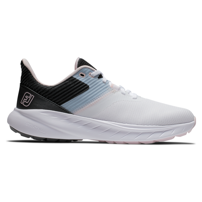 FootJoy FJ Flex Dam spikeless golfsko i vitt, svart och rosa mesh, sedd från sidan