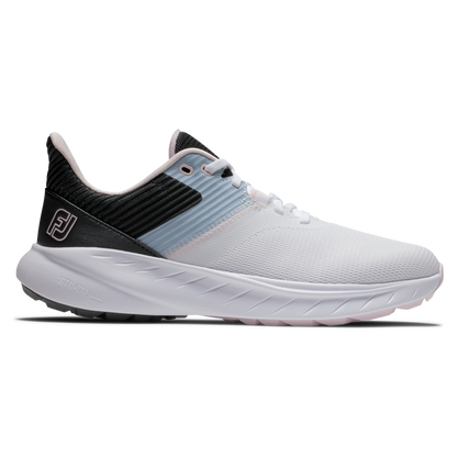 FootJoy FJ Flex Dam spikeless golfsko i vitt, svart och rosa mesh, sedd från sidan