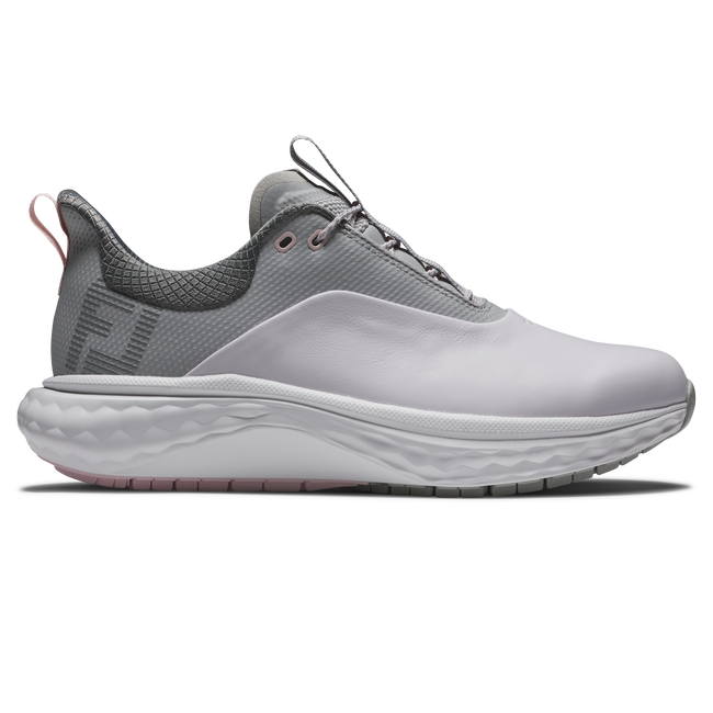 FootJoy FJ Quantum Dam spikeless golfsko i vitt, grått och rosa, sedd från sidan