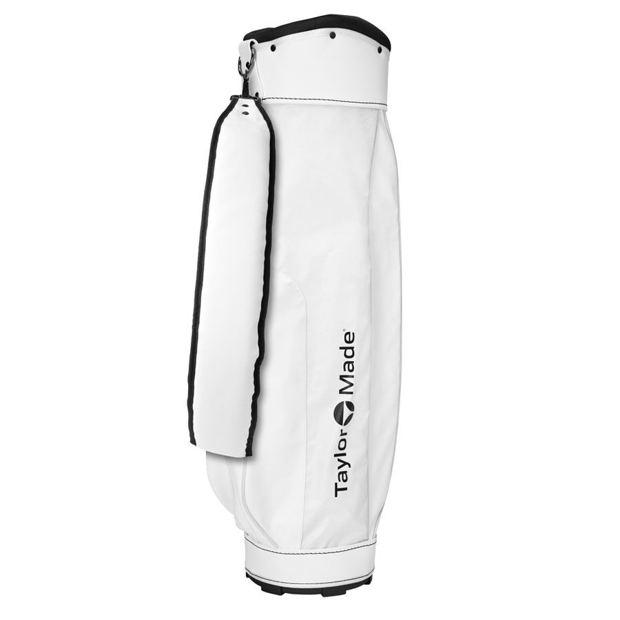 TaylorMade Short Course bärbag i vitt med enkel axelrem, sedd från sidan