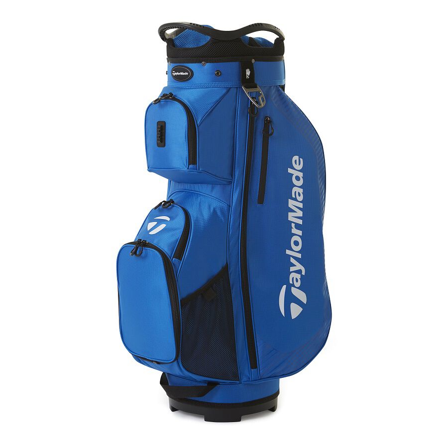 TaylorMade Pro Cart vagnbag i blått med 14-delad topp, sedd från sidan