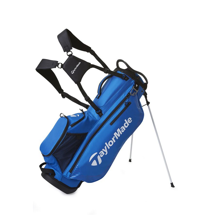 TaylorMade Pro Stand Bag bärbag i royalblå med 8-delad topp, sedd från sidan