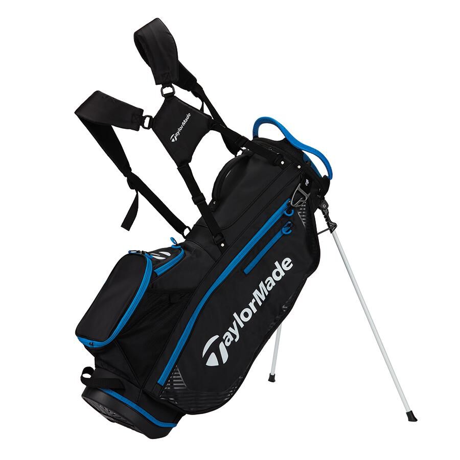 TaylorMade Pro Stand Bag bärbag i svart och blått med 8-delad topp, sedd från sidan