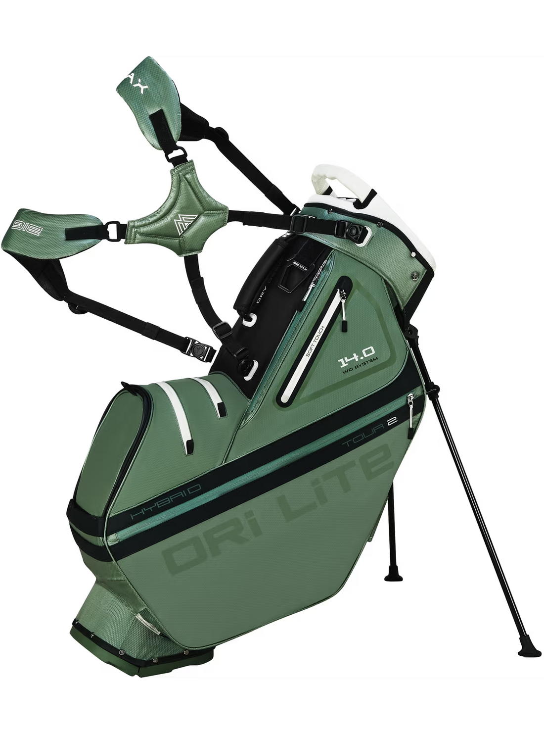 BIG MAX Dri Lite Hybrid Tour 2 golfbag i oliv och svart, sedd framifrån