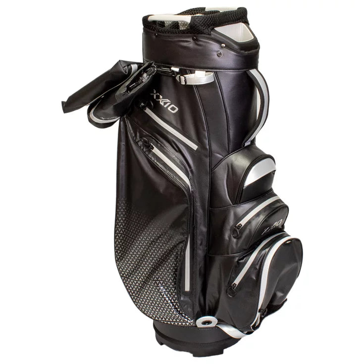XXIO Premium Cart Bag vagnbag i svart och silver med 14-delad topp, sedd från sidan