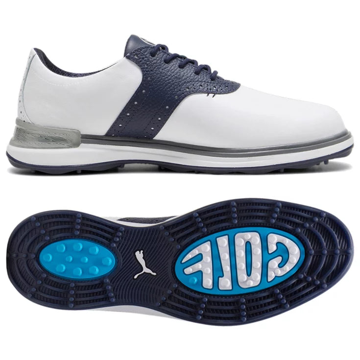 Puma Avant spikeless golfsko för herr i vitt och marinblått med brogue-detaljer, sedd från sidan