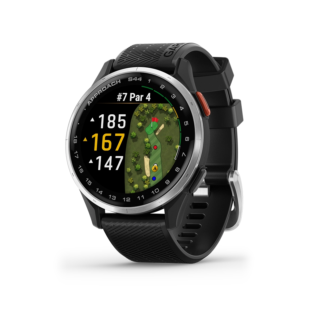 Garmin Approach S44 svart golfklocka i profil med armband