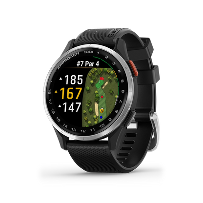 Garmin Approach S44 svart golfklocka i profil med armband