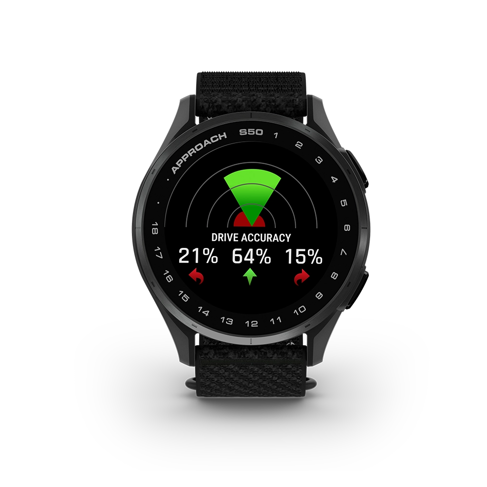 Garmin Approach S50 svart golfklocka sedd framifrån med bankarta