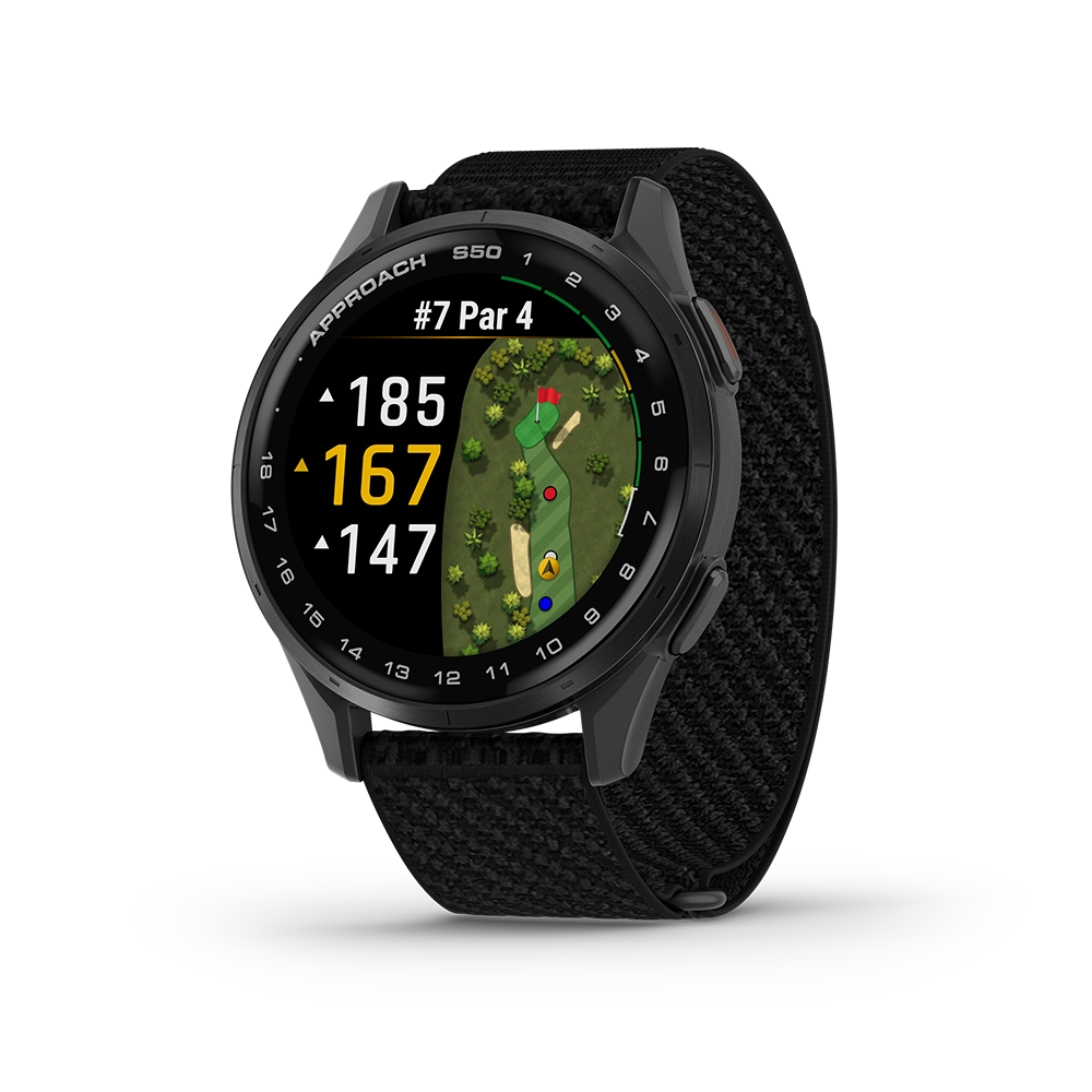 Garmin Approach S50 svart golfklocka i profil med ComfortFit-rem